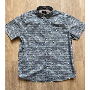 Artistry In Motion Polo Shirt Men XL Blue Ocean Waves Sail Boat Print Button Up
